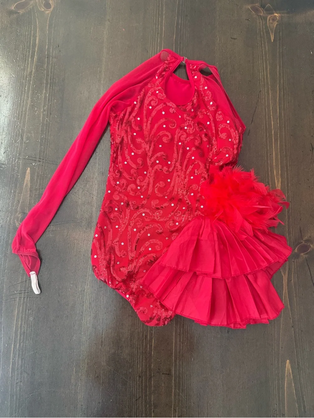 Weissman Red Sequin Ruffle Dance Costume with Feather Accent